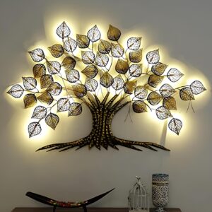 BLISSFUL24 PREMIUM 5*3 LED Bodhi Tree Metal Wall Art | Large Illuminated 3D Golden Leaf Wall Sculpture with Backlighting |