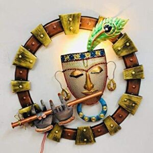 LISSFUL24 PREMIUM Krishna Frame Metal Wall Art | Handcrafted 3D Spiritual Lord Krishna Sculpture with Peacock Feather
