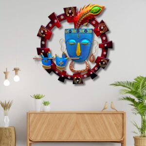BLISSFUL24 PREMIUM Krishna Frame Metal Wall Art | Handcrafted 3D Spiritual Lord Krishna Wall Sculpture with Peacock Feather & Flute