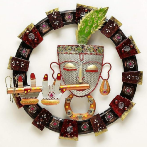 BLISSFUL24 PREMIUM Krishna Frame Metal Wall Art | Handcrafted 3D Spiritual Lord Krishna Sculpture with Peacock Feather