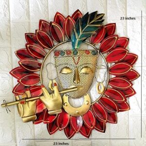 BLISSFUL24 PREMIUM Flower Krishna Frame Metal Wall Art | Handcrafted 3D Spiritual Lord Krishna Sculpture with Red Lotus Petals |
