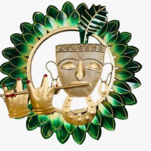 BLISSFUL24 PREMIUM Flower Krishna Frame Metal Wall Art | Handcrafted 3D Spiritual Lord Krishna Sculpture with Green Lotus Petals |