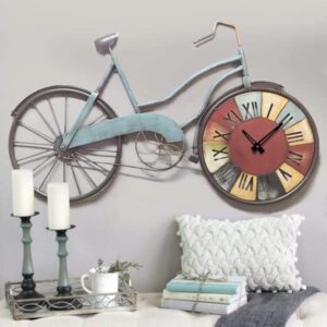 BLISSFUL24 PREMIUM Blue Cycle With Time – Oversized Vintage Metallic Bicycle Wall Art with Integrated Roman Numeral Clock