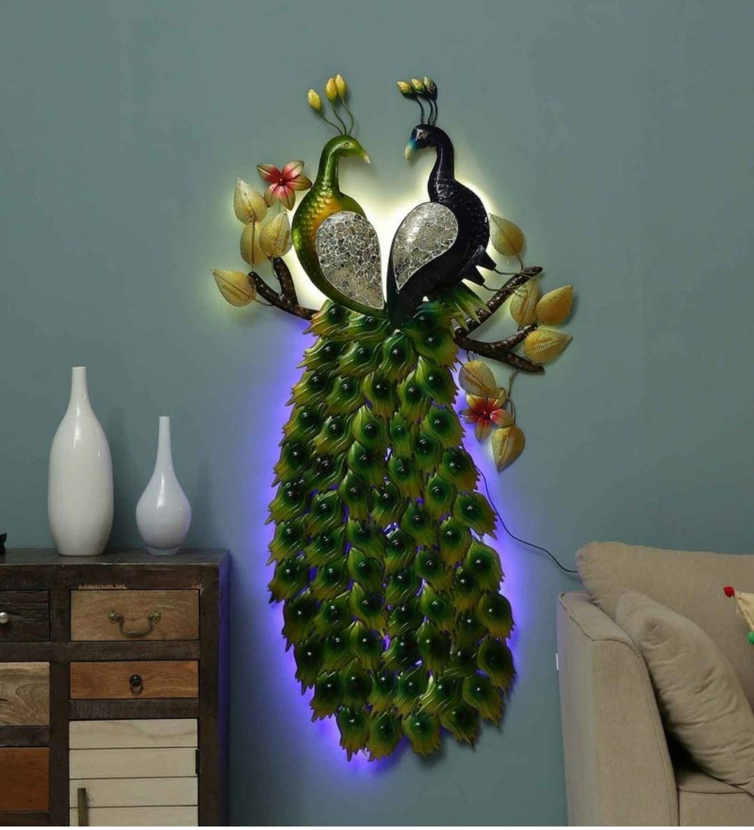 BLISSFUL24 PREMIUM LED-Illuminated Double Peacock Wall Art