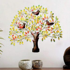 BLISSFUL24 PREMIUM 3 Bird Tree Multi Metal Wall Art | Handcrafted 30-Inch Colorful Tree of Life Sculpture