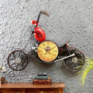 BLISSFUL24 PREMIUM Red Bike Time Vintage Metal Wall Clock | Handcrafted 3D Industrial Chopper Motorcycle Sculpture