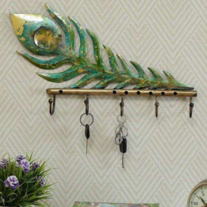 BLISSFUL24 PREMIUM Feather Hook – Handcrafted Elegant Metallic Feather Wall Mount Key Holder with 5 Hooks