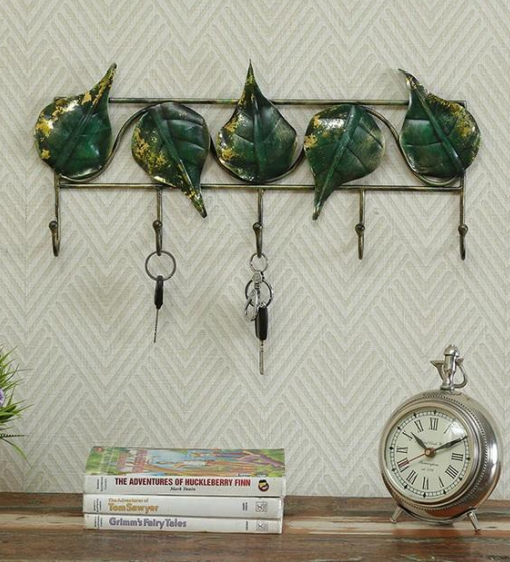 BLISSFUL24 PREMIUM Piple Leaf Hook – Handcrafted Vintage Iron Botanical Wall Mount Key Holder with 5 Hooks (20" x 9")