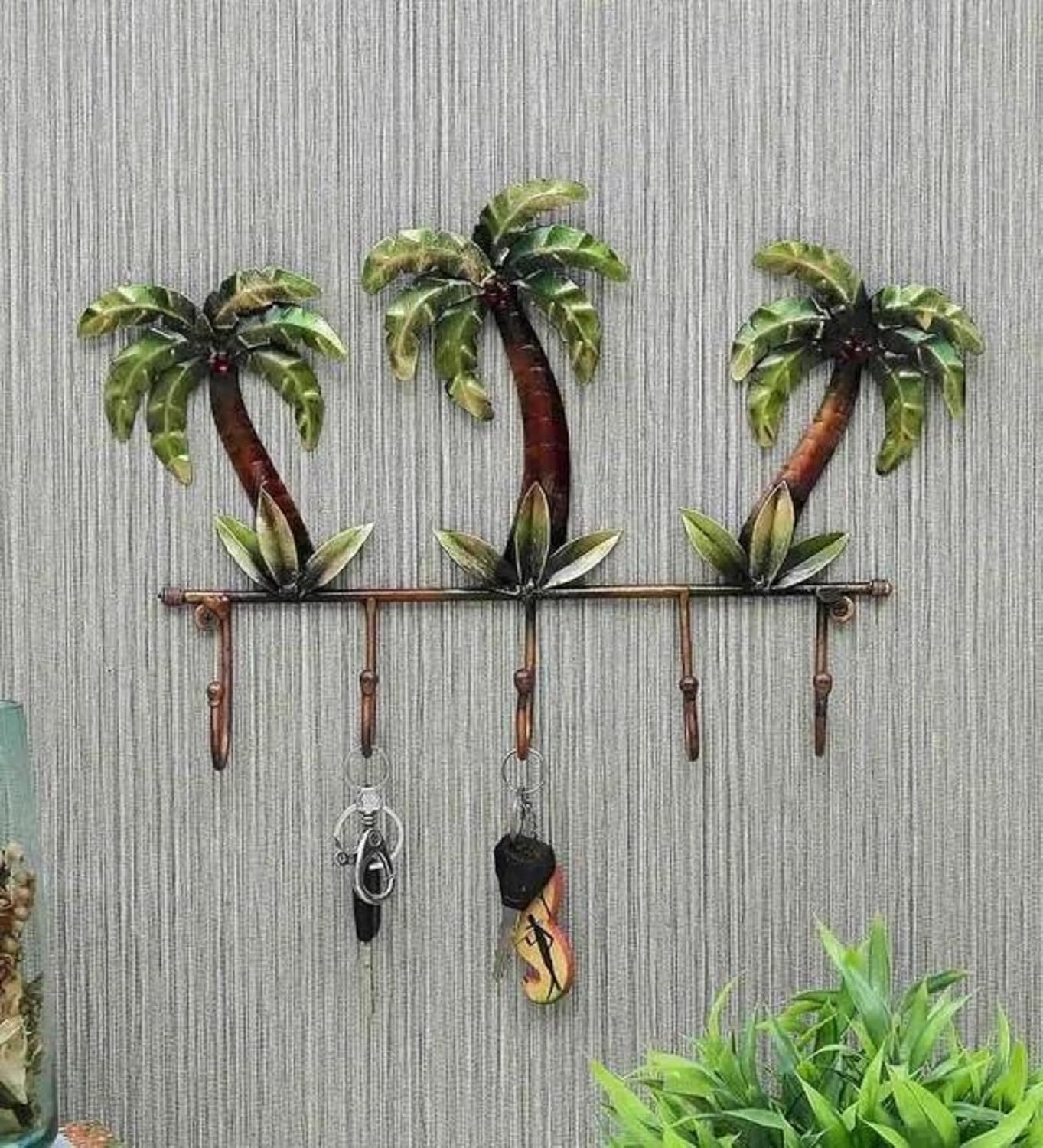 BLISSFUL24 PREMIUM Coco Tree Hook – Handcrafted Tropical Iron Palm Tree Wall Mount Key Holder with 5 Hooks ($18 \times 12$ Inches)