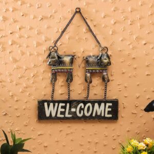 BLISSFUL24 PREMIUM Ethnic Metal Cow Welcome Sign | Handcrafted Hanging "WEL-COME" Wall Decor with Chain for Main Door & Living Room (14 x 10 Inches)
