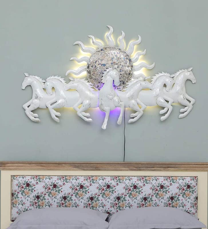 Blissful24 Sun Horses Pearl White Mini Metal Wall Art (32x23 Inch) – Luxury 7 Running Horses Wall Décor with LED Backlight for Living Room, Bedroom & Office - Image 3