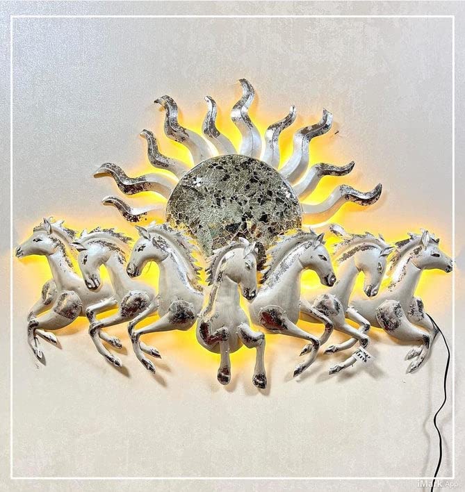 Blissful24 Sun Horses Pearl White Mini Metal Wall Art (32x23 Inch) – Luxury 7 Running Horses Wall Décor with LED Backlight for Living Room, Bedroom & Office - Image 2