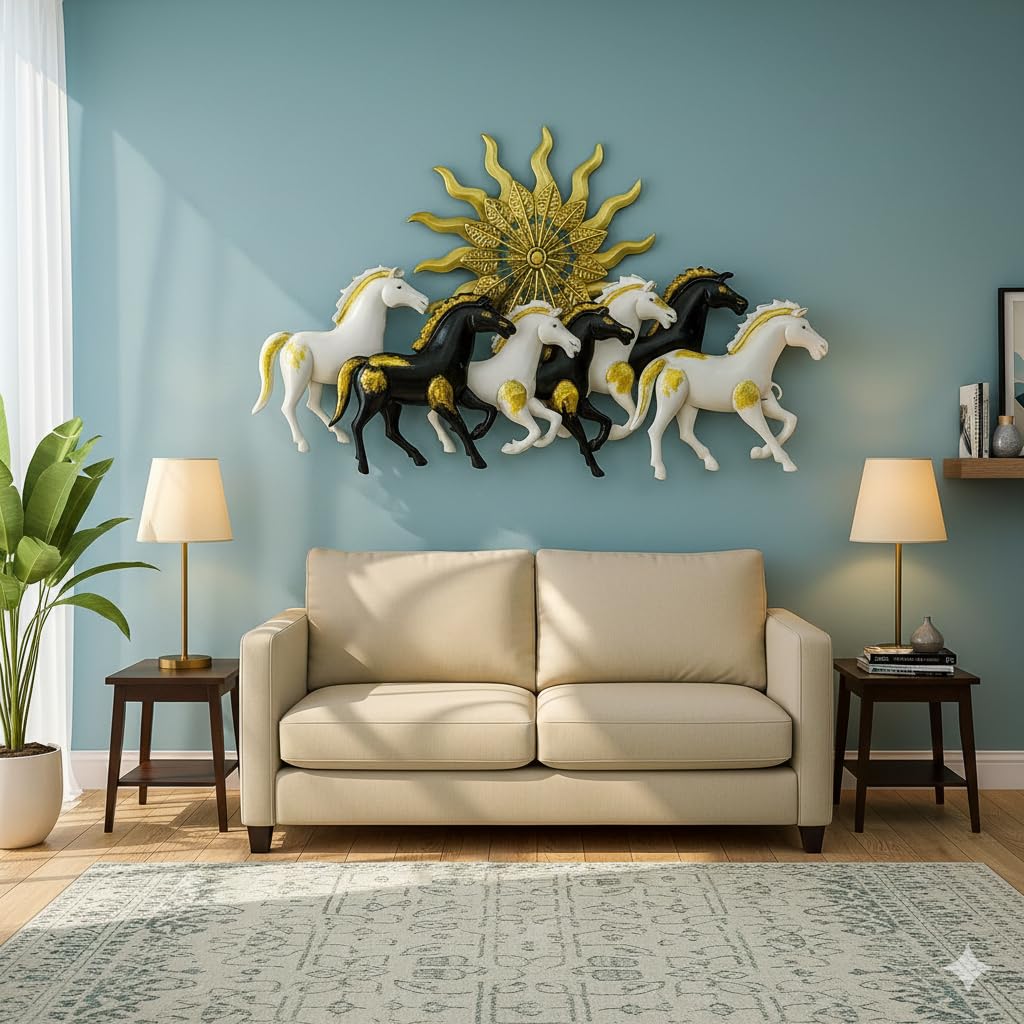 Blissful24 Sun Horses Multi Black & White Metal Wall Art (45x22 Inch) – Luxury 7 Running Horses Wall Décor with Golden Sun Backdrop for Living Room & Office - Image 5