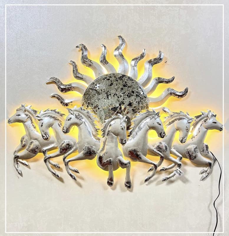 Blissful24 Sun Horses Pearl White Mini Metal Wall Art (32x23 Inch) – Luxury 7 Running Horses Wall Décor with LED Backlight for Living Room, Bedroom & Office