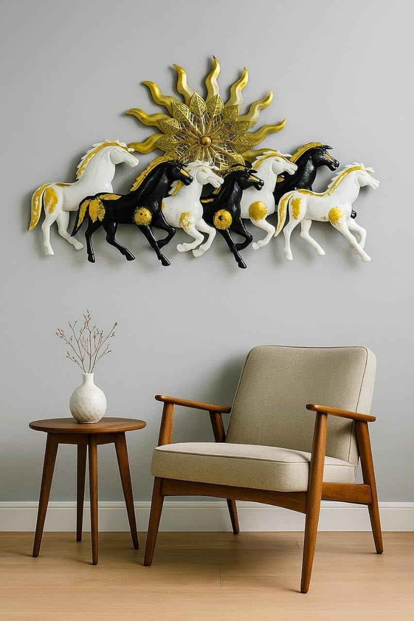 Blissful24 Sun Horses Multi Black & White Metal Wall Art (45x22 Inch) – Luxury 7 Running Horses Wall Décor with Golden Sun Backdrop for Living Room & Office - Image 2