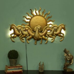 Blissful24 Sun Horses Gold Small Metal Wall Art (45x22 Inch) – Luxury Golden 7 Running Horses Wall Décor for Living Room, Bedroom & Office