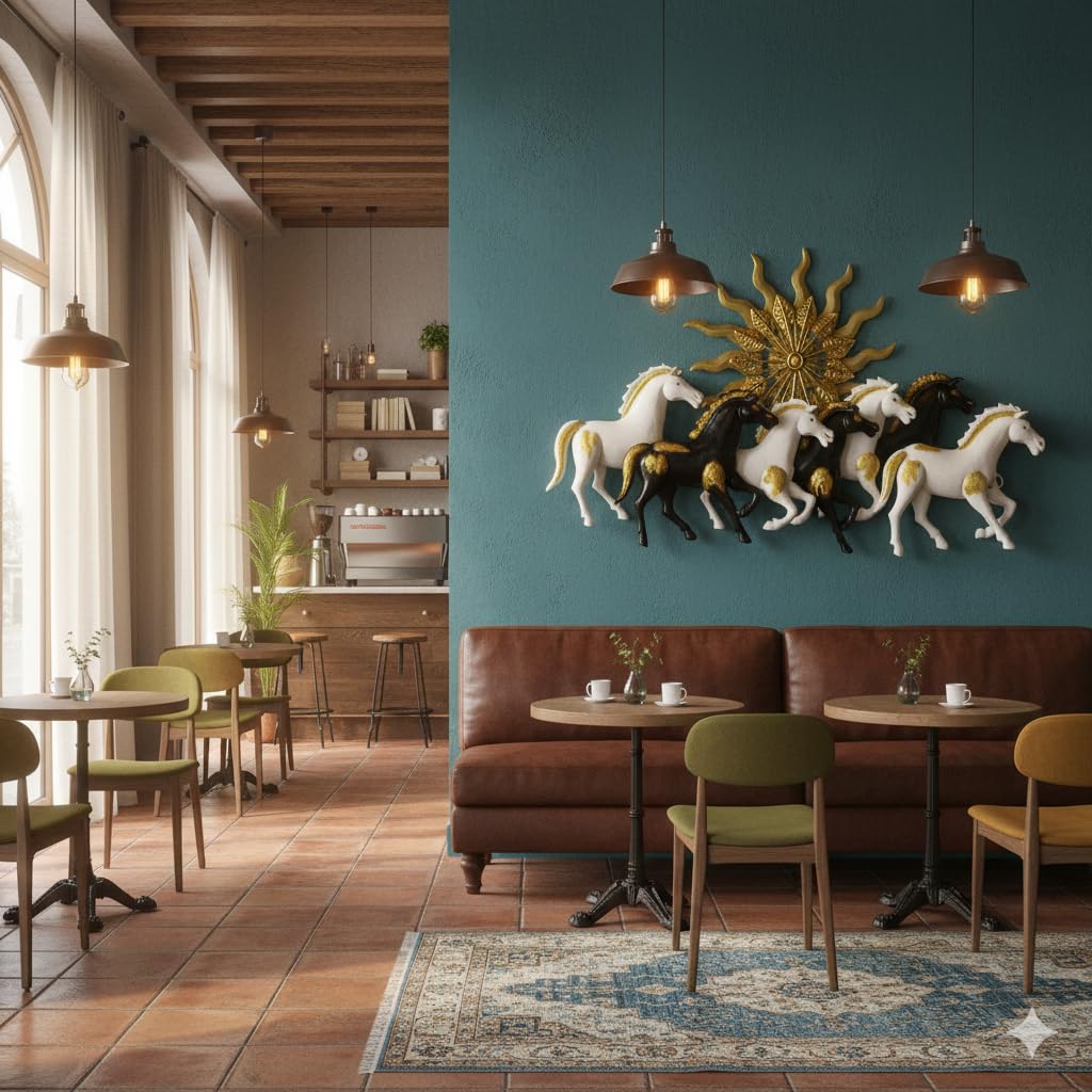 Blissful24 Sun Horses Multi Black & White Metal Wall Art (45x22 Inch) – Luxury 7 Running Horses Wall Décor with Golden Sun Backdrop for Living Room & Office - Image 4