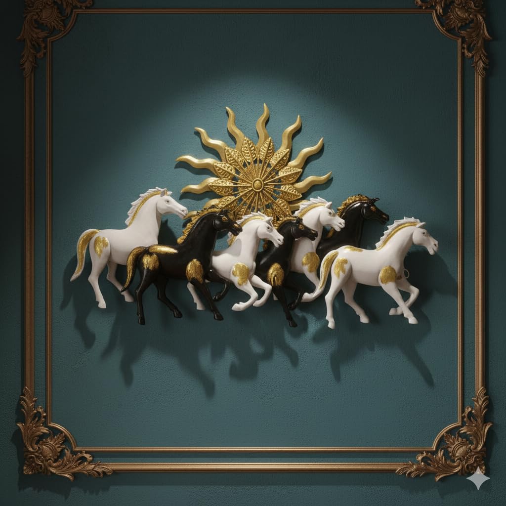 Blissful24 Sun Horses Multi Black & White Metal Wall Art (45x22 Inch) – Luxury 7 Running Horses Wall Décor with Golden Sun Backdrop for Living Room & Office - Image 3