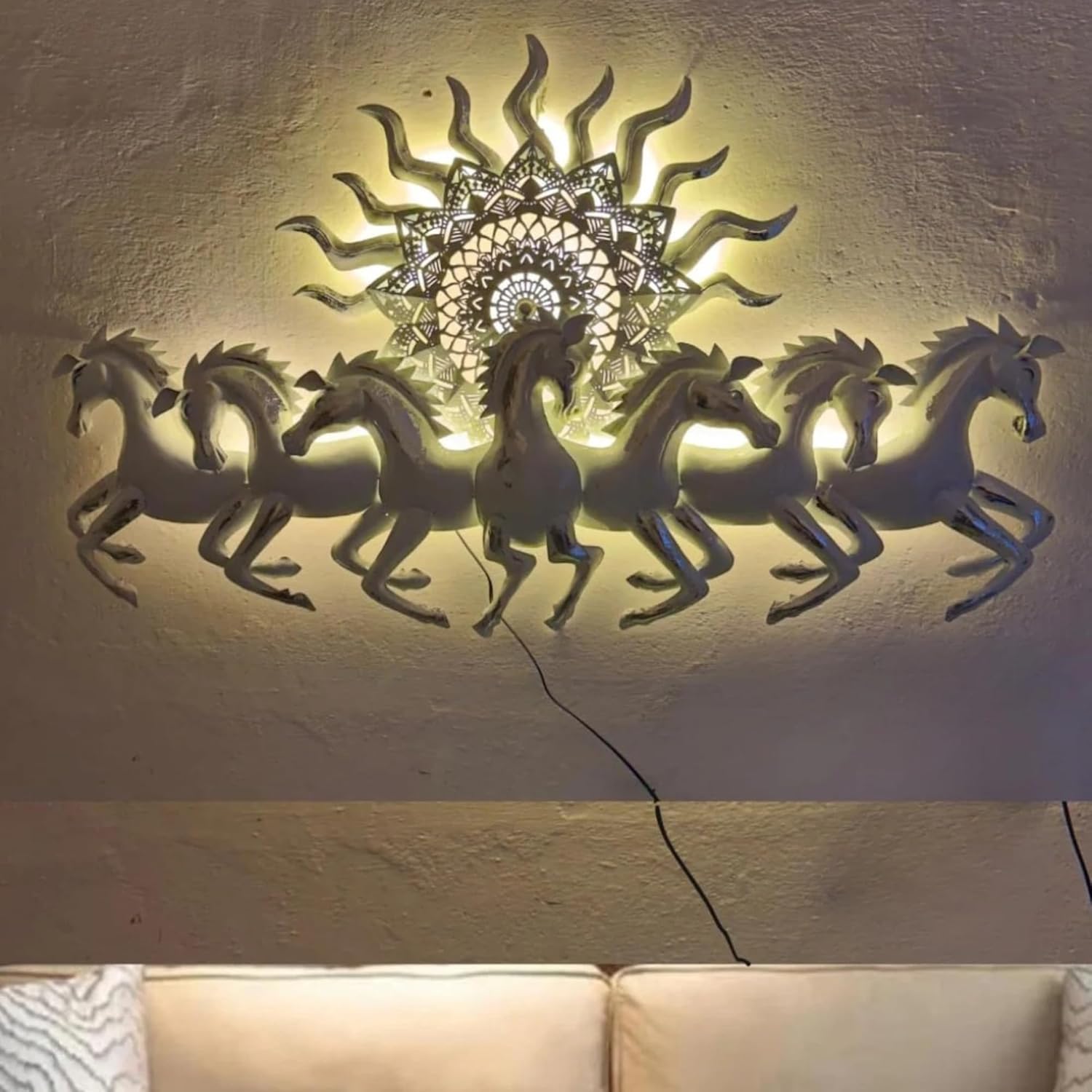 Blissful24 Frankel Horse Small White Metal Wall Art (45x22 Inch) – Luxury 7 Running Horses Wall Décor with LED Backlight for Living Room, Bedroom & Office | - Image 2