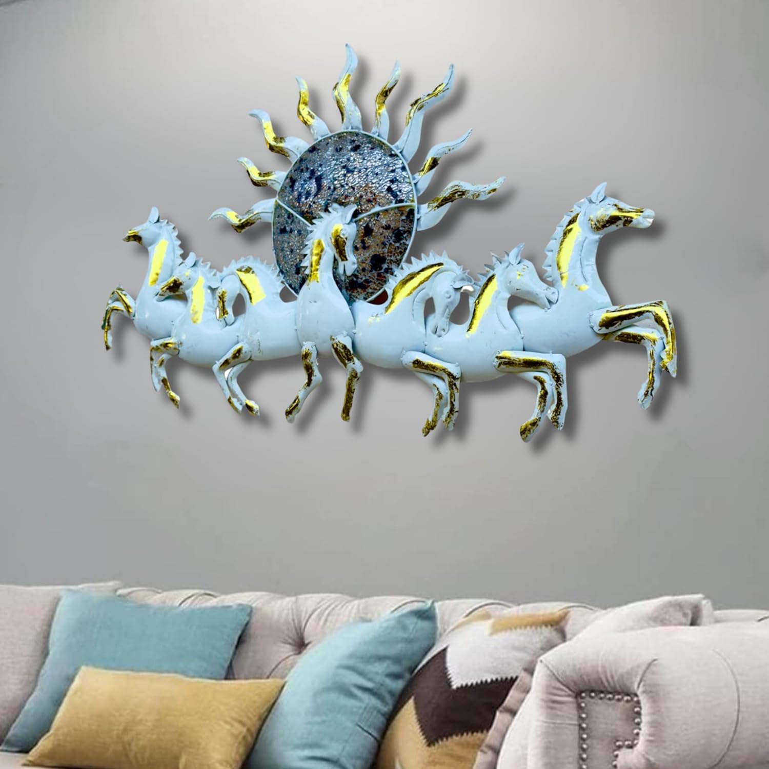 Blissful24 Sun Horses White Small Metal Wall Art (45x22 Inch) – Luxury 7 Running Horses Wall Décor for Living Room, Bedroom & Office | Model W172 (D) - Image 3