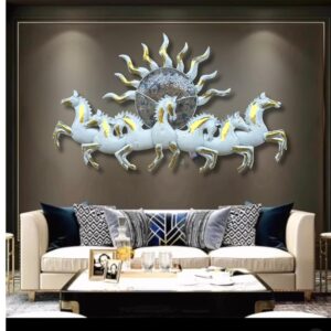 Blissful24 Sun Horses White Small Metal Wall Art (45x22 Inch) – Luxury 7 Running Horses Wall Décor for Living Room, Bedroom & Office | Model W172 (D)