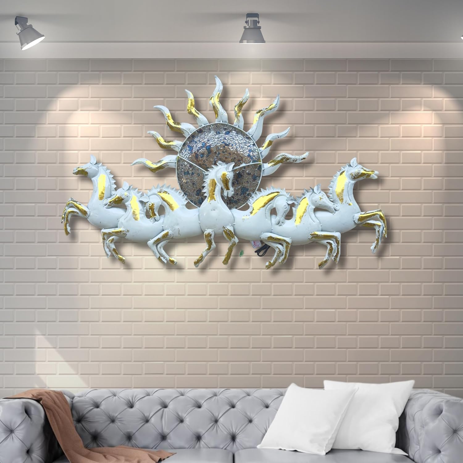 Blissful24 Sun Horses White Small Metal Wall Art (45x22 Inch) – Luxury 7 Running Horses Wall Décor for Living Room, Bedroom & Office | Model W172 (D) - Image 2