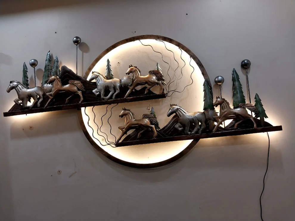 Blissful24 Mountain 7 Horses Iron Wall Art with LED Backlight – 58x30 Inch Luxury Running Horse Wall Décor for Living Room, Hall & Office - Image 3