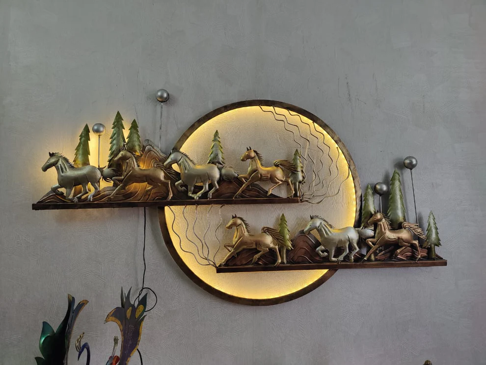 Blissful24 Mountain 7 Horses Iron Wall Art with LED Backlight – 58x30 Inch Luxury Running Horse Wall Décor for Living Room, Hall & Office - Image 5